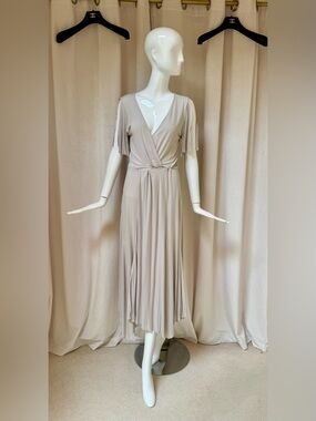 All Saints Amira Beige Wrap-Style Midi Dress irregular unfinished hemline VGC XS